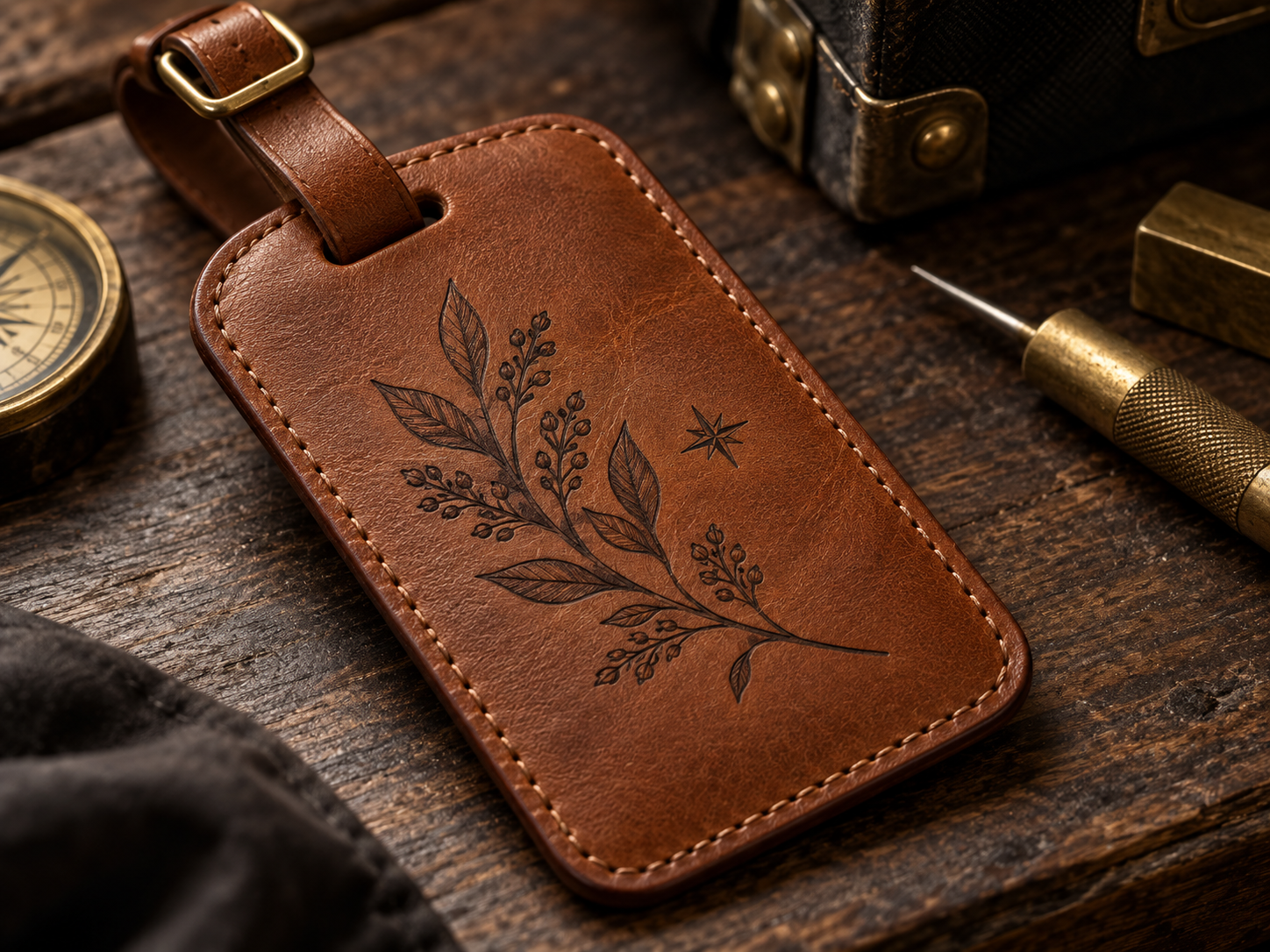 Chestnut leather tag with a realistic laser-engraved botanical detail